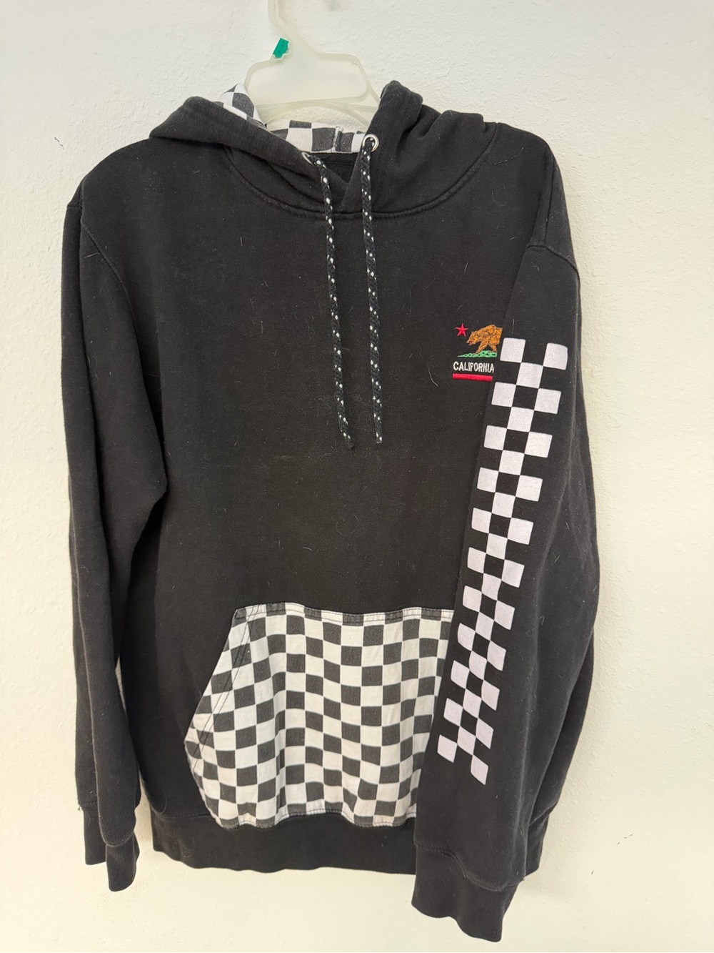 Eighty eight Men's Black Hoodie with Checkerboard Pocket and Sleeve